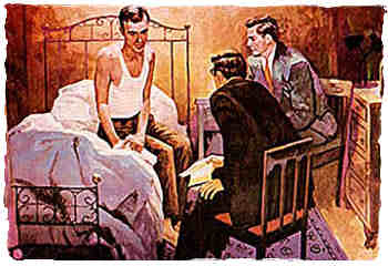Painting of man sitting on a bed.